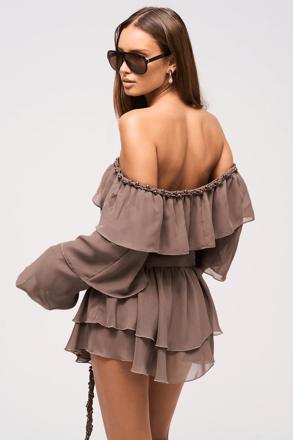 Dixie Bardot Off-Shoulder Chiffon Dress with Keyhole Bust and Plait Details