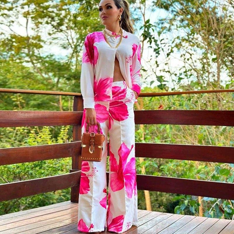 Floral Print Two Piece Set – Long Sleeve Crop Jacket & Wide Leg Pants Tropical S-XXL