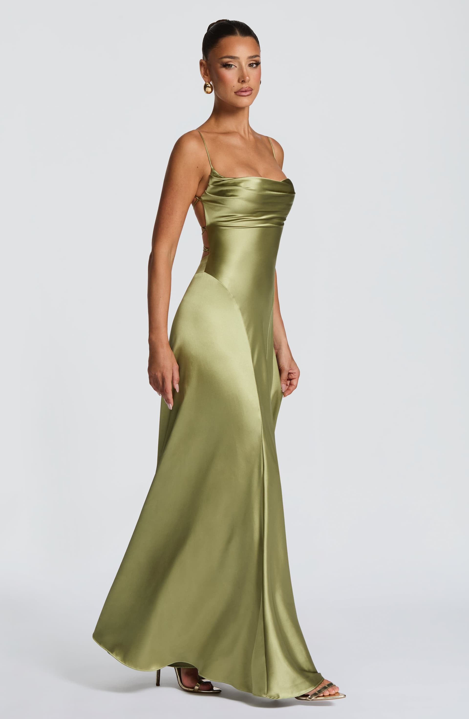 Adelina Maxi Dress Light Olive Satin Cowl Neck Lace-Up Back