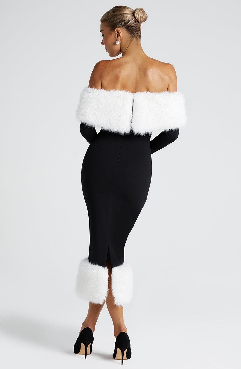 Vittoria Midi Dress Black White Stretch Crepe Bardot Neckline Faux Fur Trim