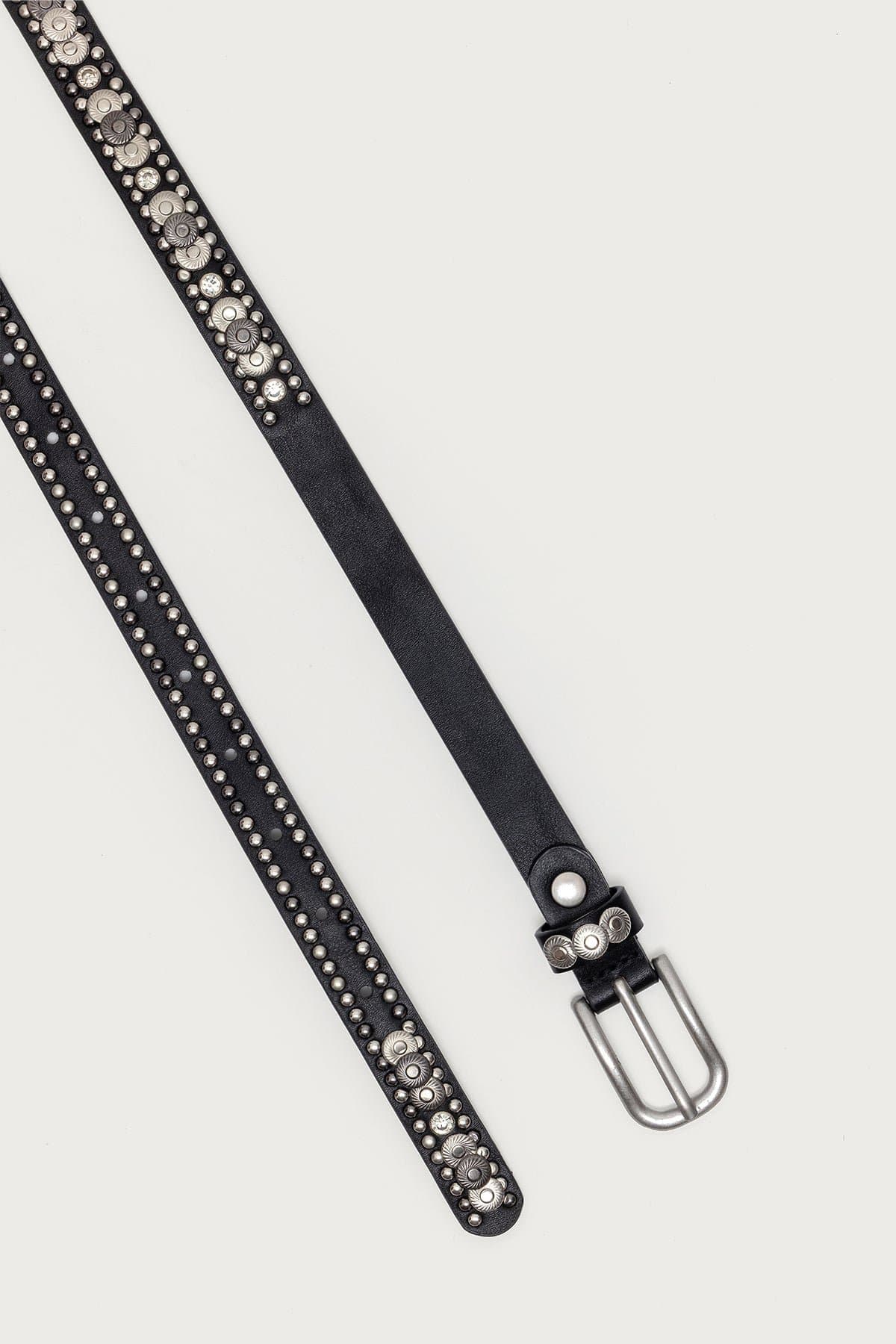 Studded Faux Leather Belt with Polyurethane Rayon Silver Tone Metal 45.3 Inch Length