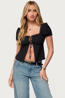 Lacey Split Front Lace Up Top - Short Puff Sleeves, Square Neckline, Polyester Woven