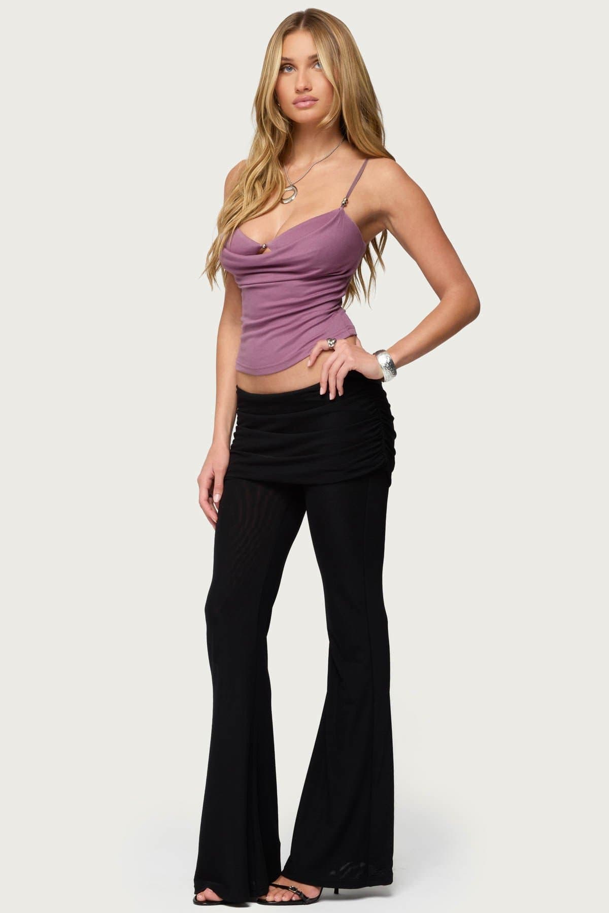 Layered Bra Cowl Neck Tank Top with Adjustable Straps and Beaded Detailing