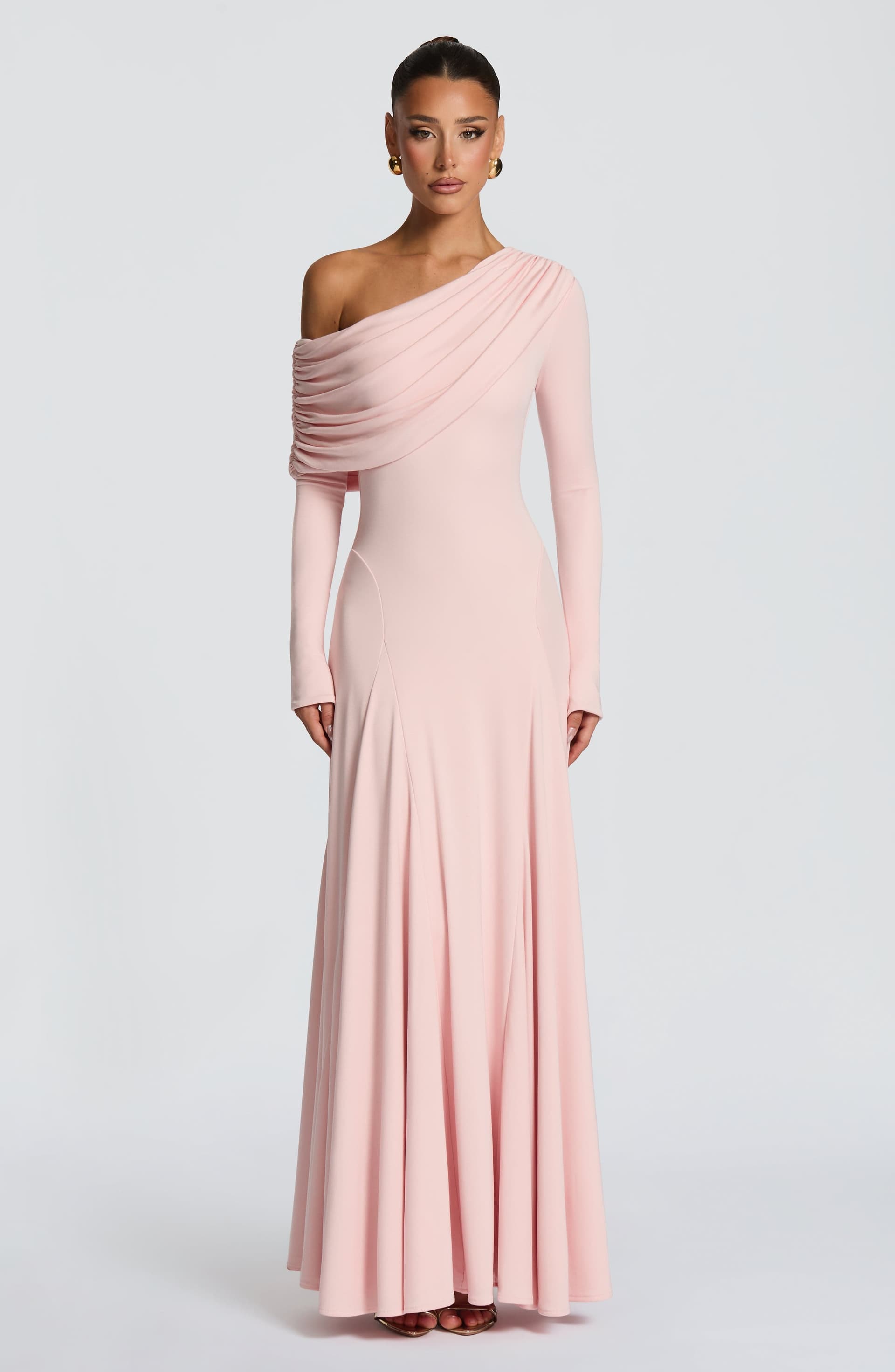 Rafaela Maxi Dress in Soft Blush - Stretch Modal Jersey Asymmetric Long Sleeve