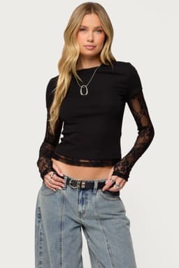 Layered Lace Sleeve Top with Sheer Long Sleeves and Thumb Holes