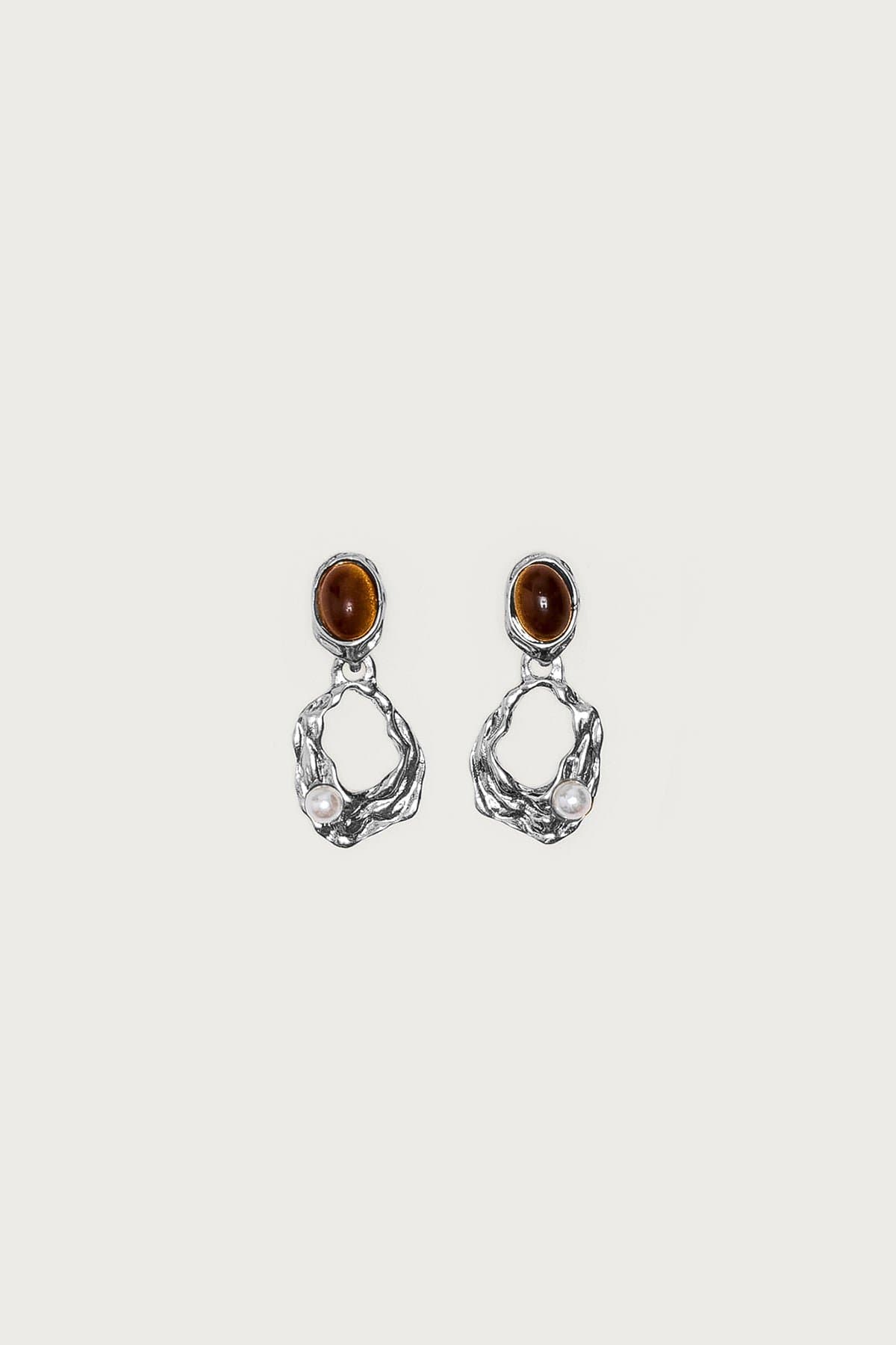 Faux Tiger Eye Abstract Dangling Stud Earrings with Faux Pearl Gemstone Silver Tone 1.2in