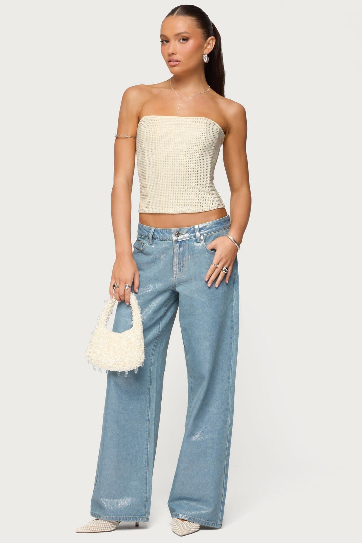 Vezza Strapless Rhinestone Corset - Polyester Spandex Boned Bodice Lace Up Back