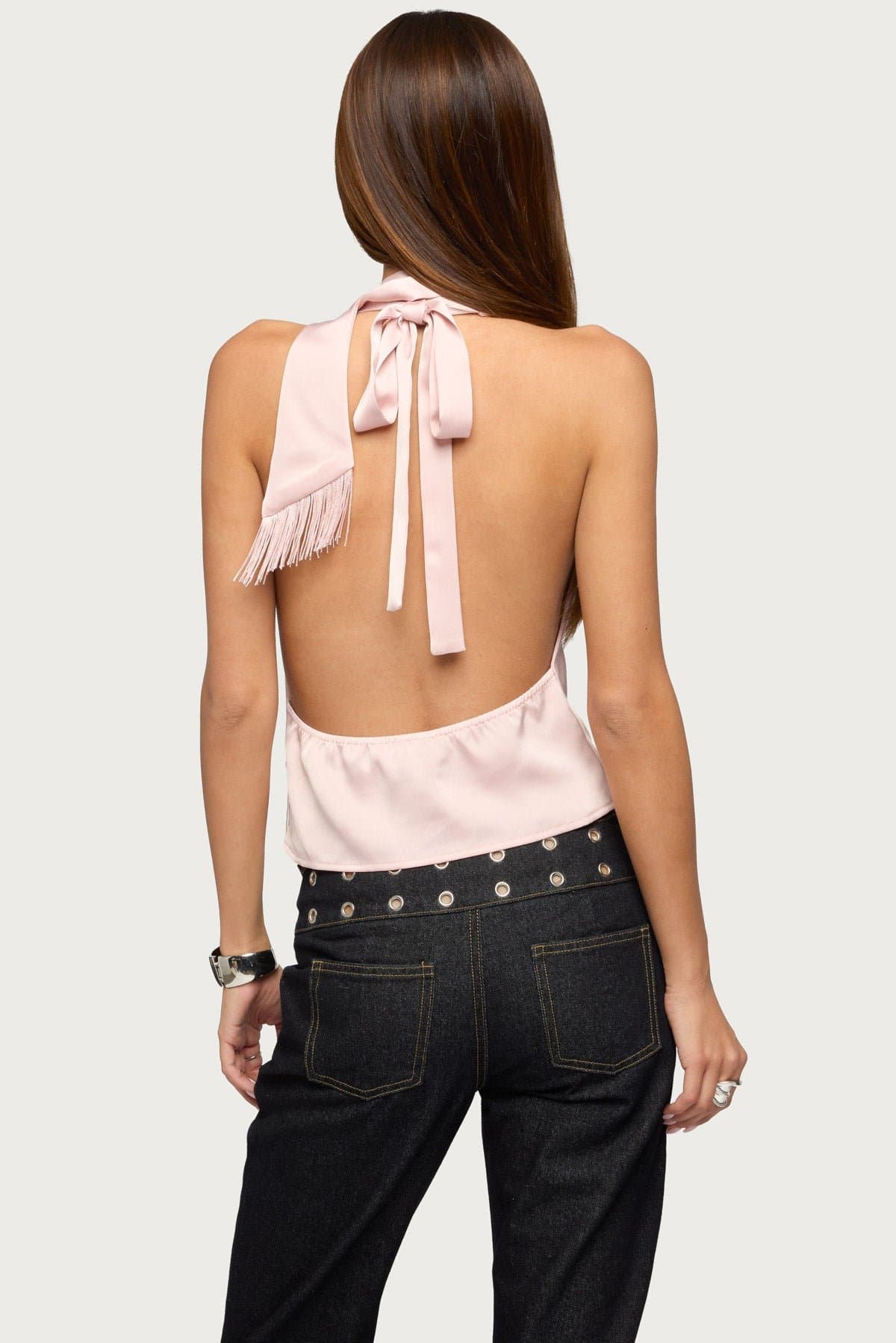 Satin Effect Cowl Neck Scarf Top with Halter Tie, Open Back, Fringed Detail
