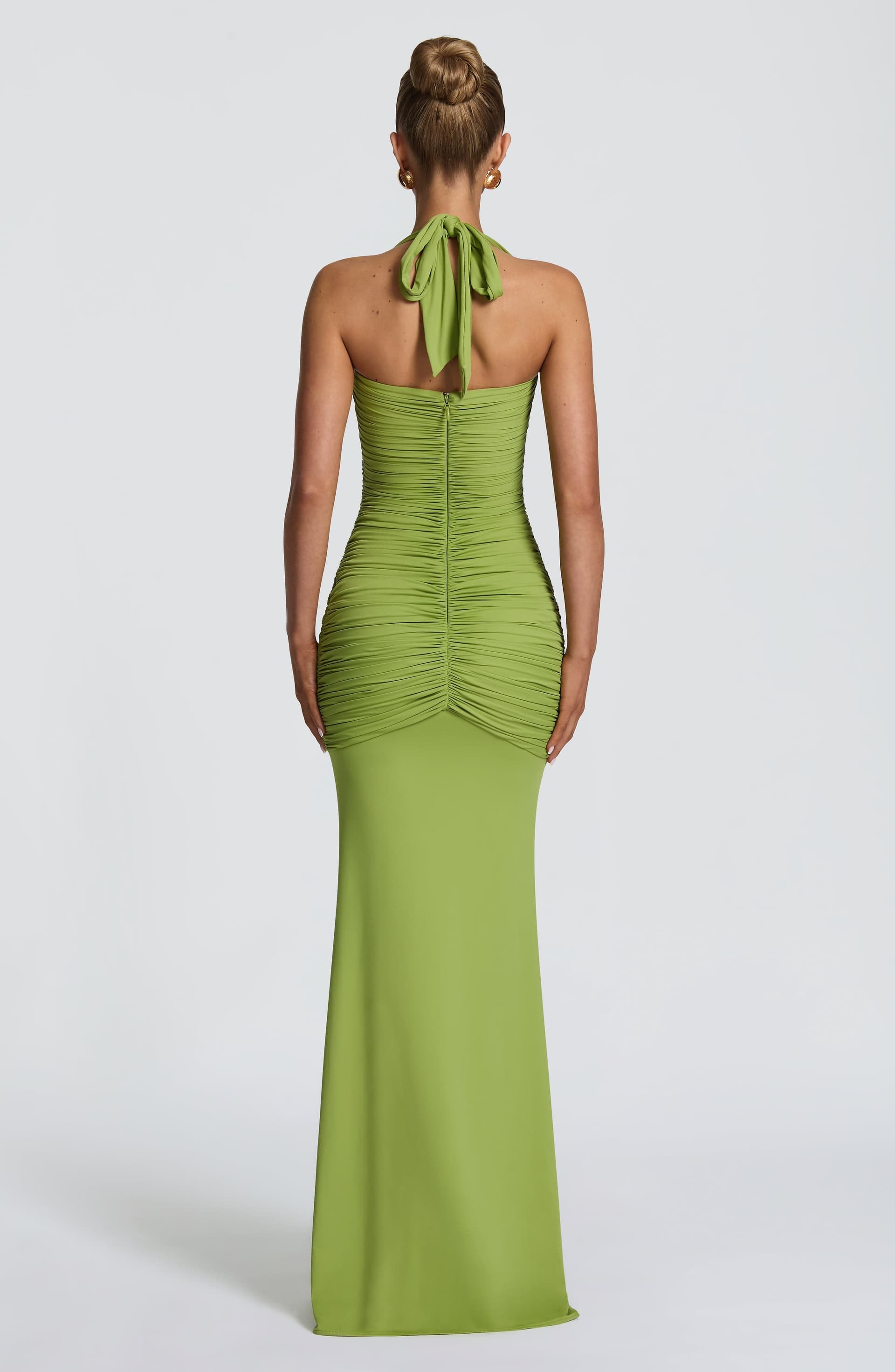 Morrigan Maxi Dress - Olive Stretch Slinky Jersey Halter Plunge Mermaid