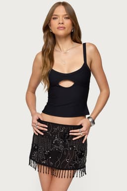 Karin Cut Out Ribbed Tank Top with Adjustable Straps - Polyester Spandex