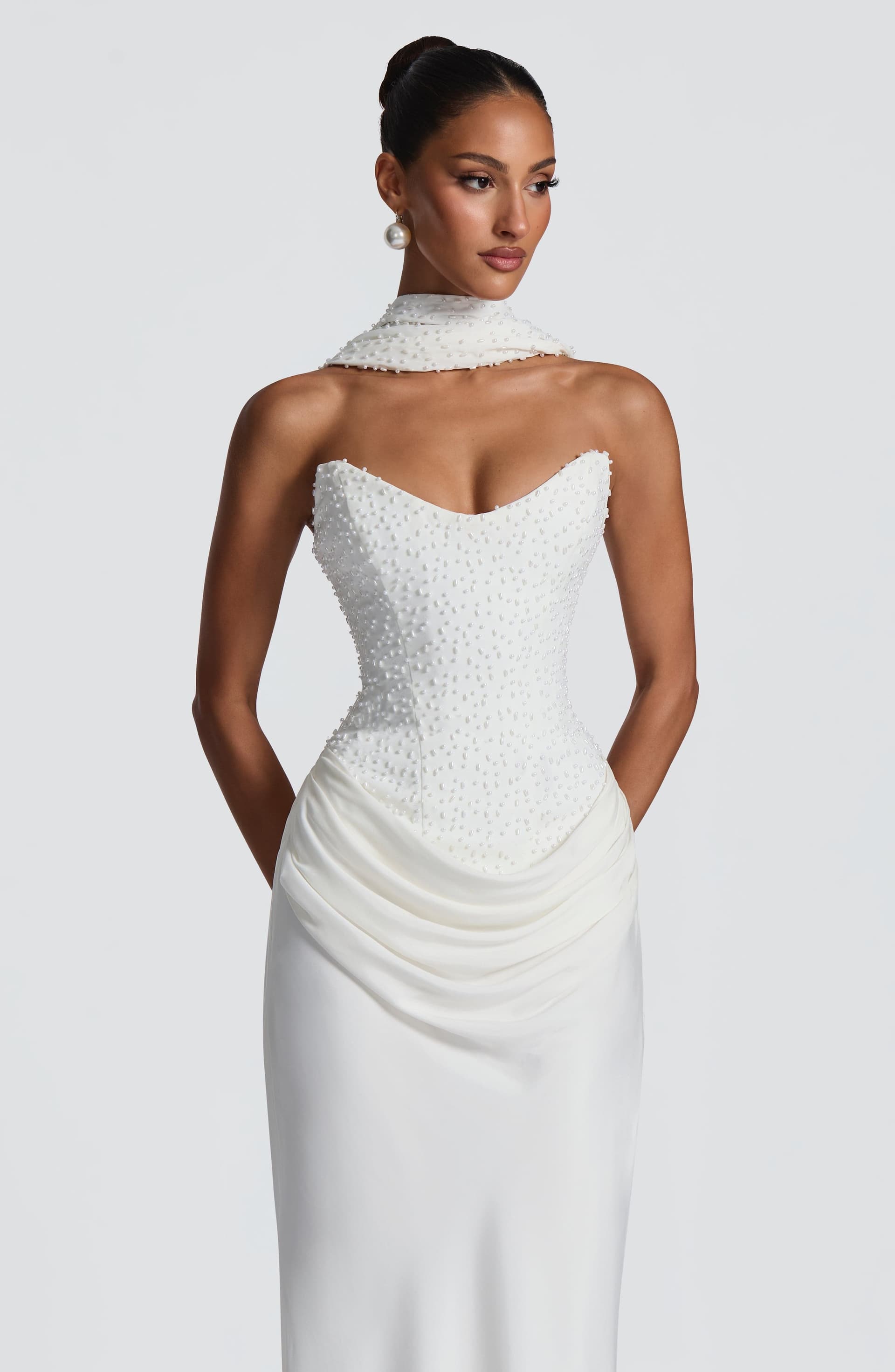 Tindra Maxi Dress Ivory - Pearl Embellished Crepe Bodice Cupro Skirt Strapless