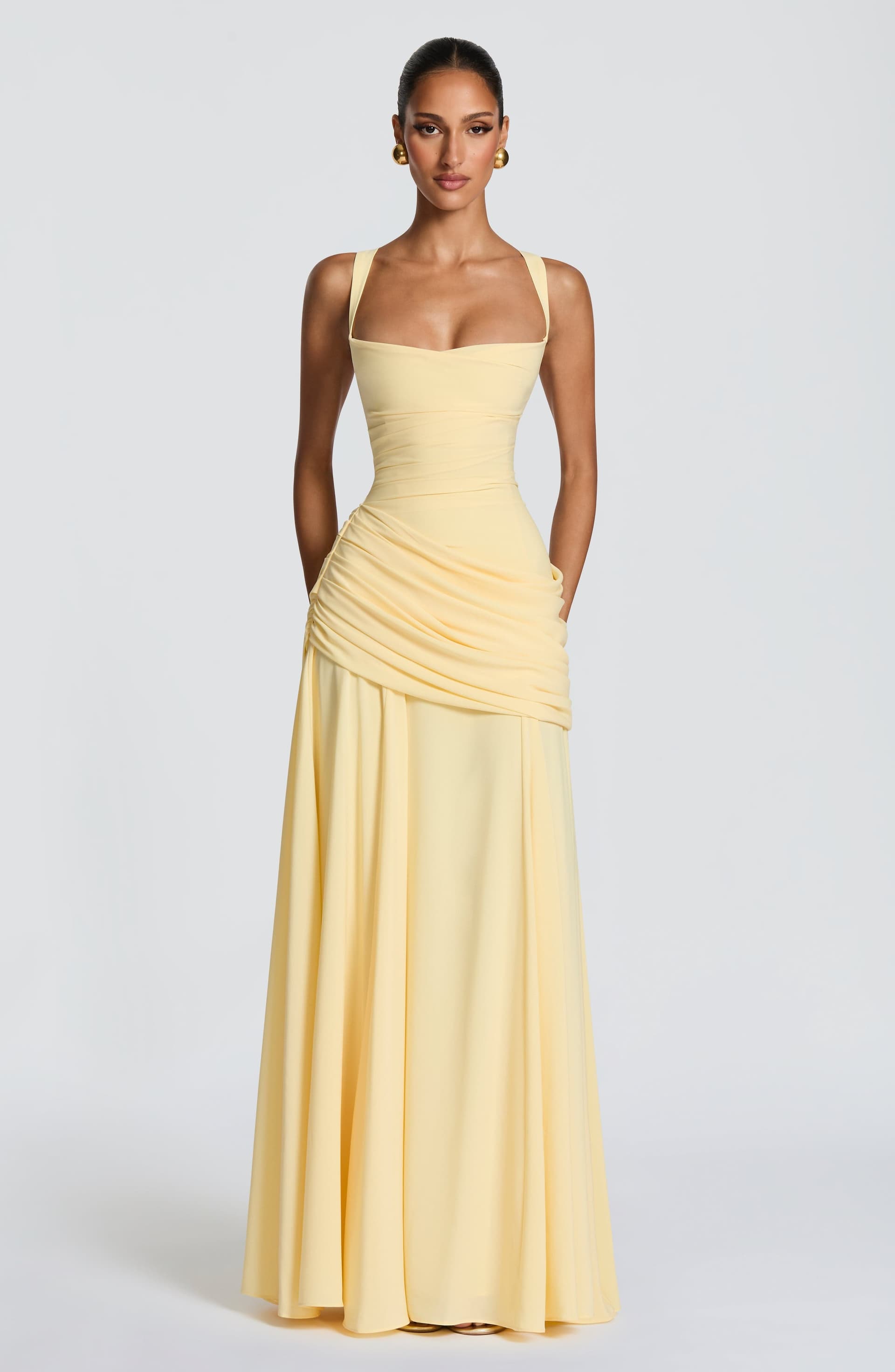 Sura Maxi Dress in Lemon Chiffon - Twist Cowl Neckline, Lace-Up Back
