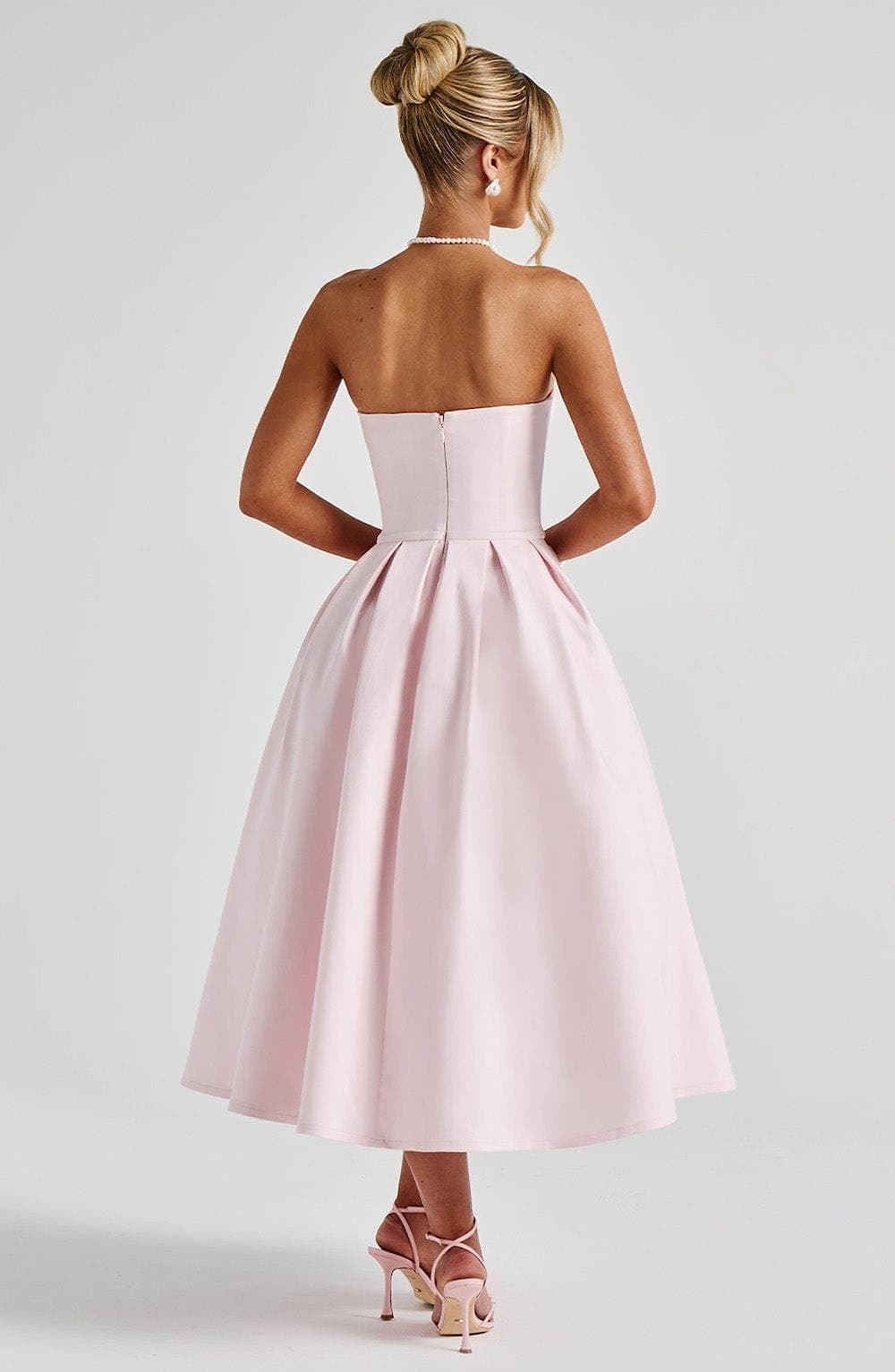 Edith Strapless Midi Dress in Blush - Stretch Bengaline with Pleated Skirt & Boning