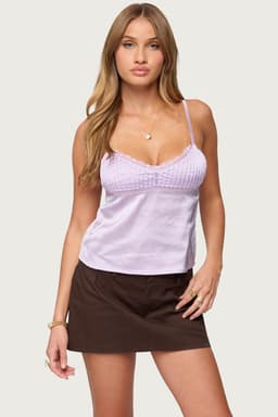Blanca Satin Effect Lace Trim Tank Top with Adjustable Straps & Tie Back