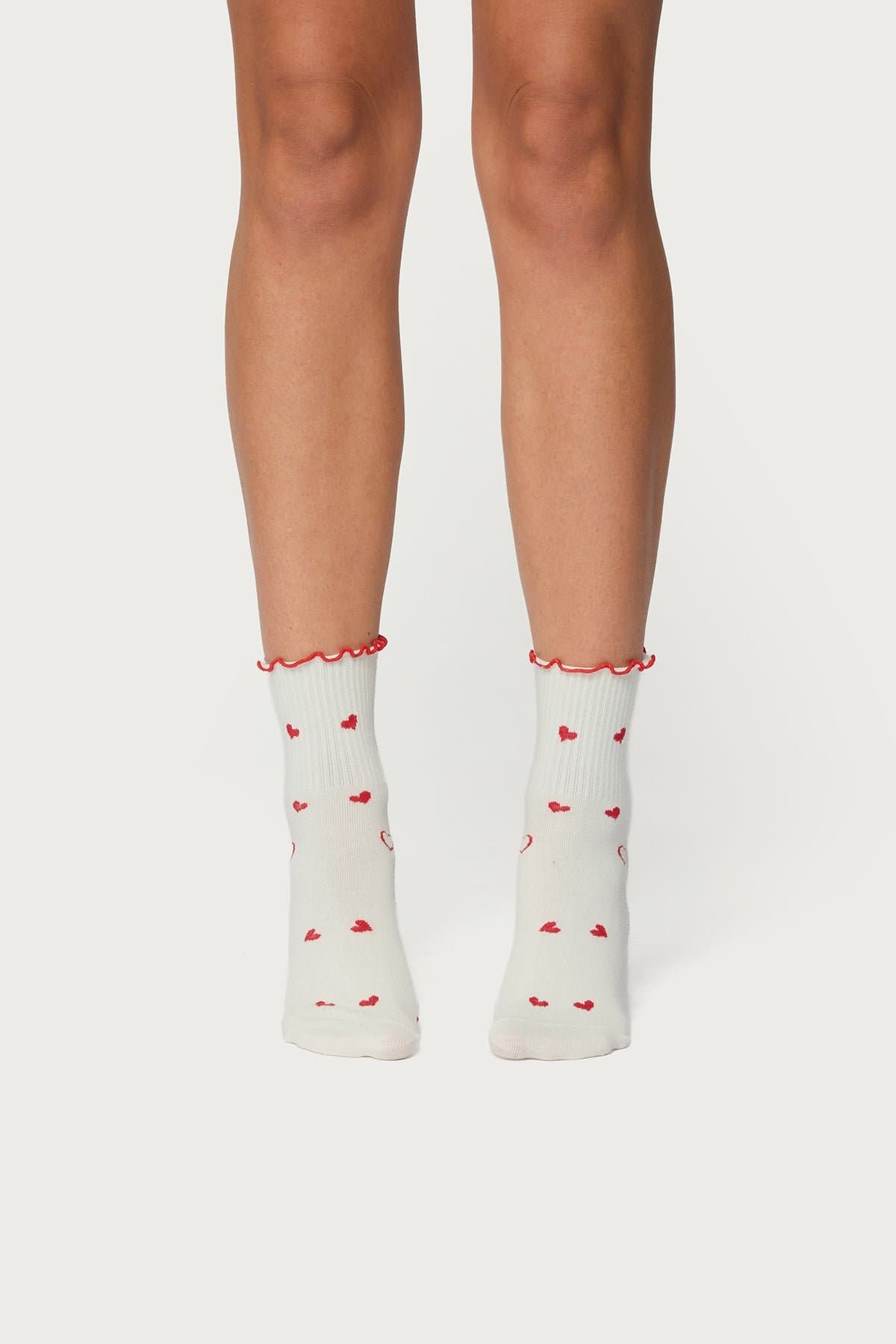 Contrast Frilly Socks with Heart Design - Cotton Spandex, 10.2 Inch Length