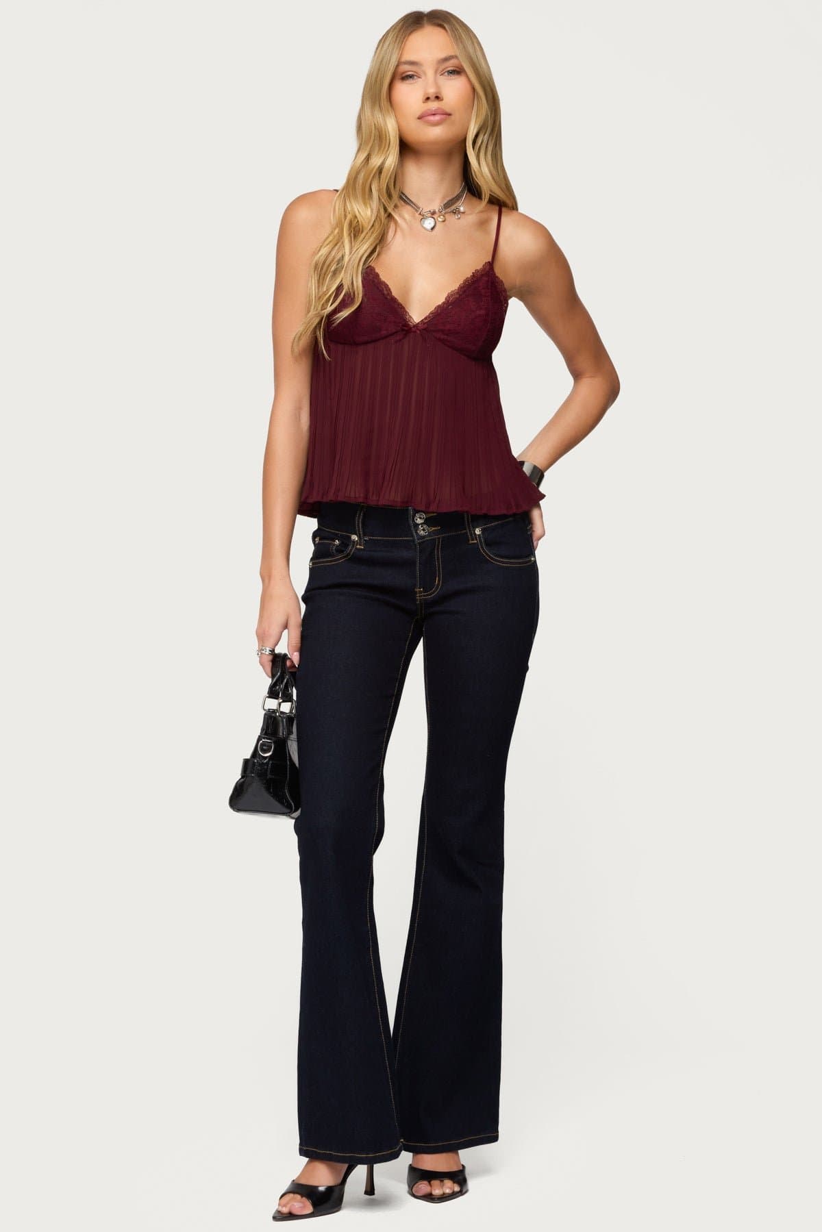 Rhian Lacey Pleated Babydoll Top with Adjustable Straps, Lace Bust, Chiffon