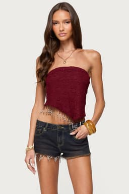 Textured Asymmetric Bead Fringe Strapless Top - Nylon Spandex Floral Fabric