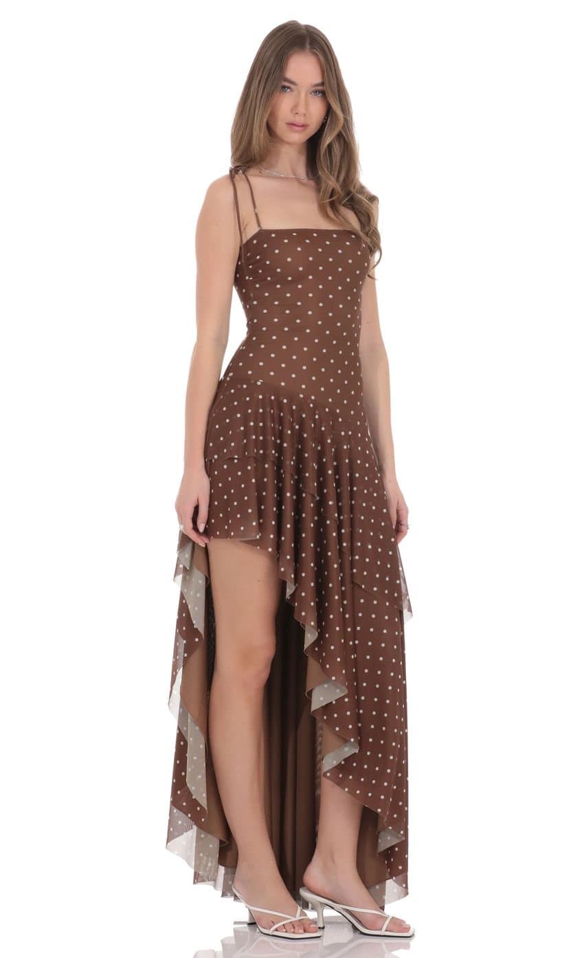 Polka Dot Asymmetrical Maxi Dress in Brown