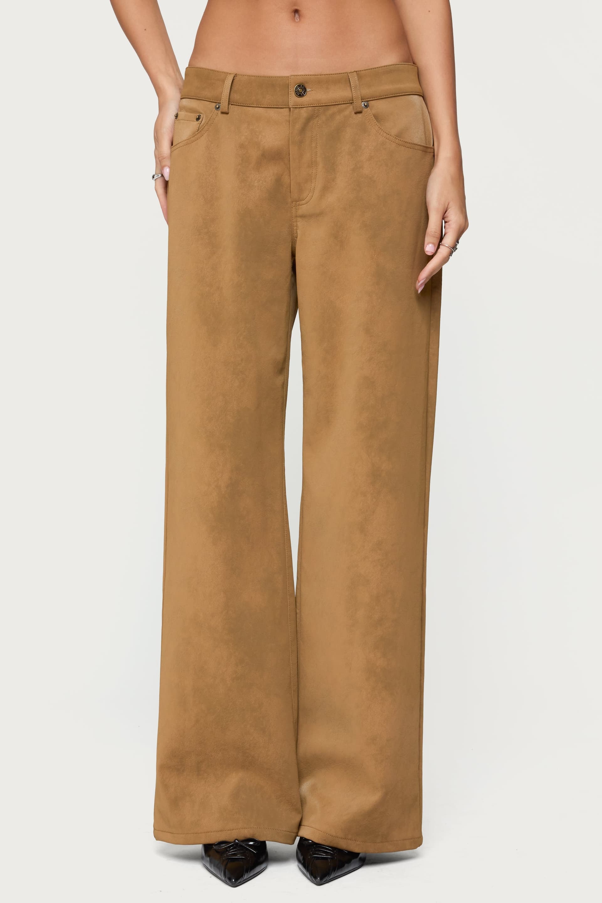 Stacey Low Rise Faux Suede Straight Leg Pants - Polyurethane Cotton Small Inseam 30.9"