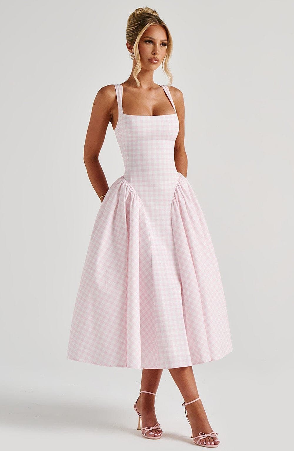 Sherrie Midi Dress Blush Gingham Print Cotton Nylon Elastane Voile Lace-Up Back