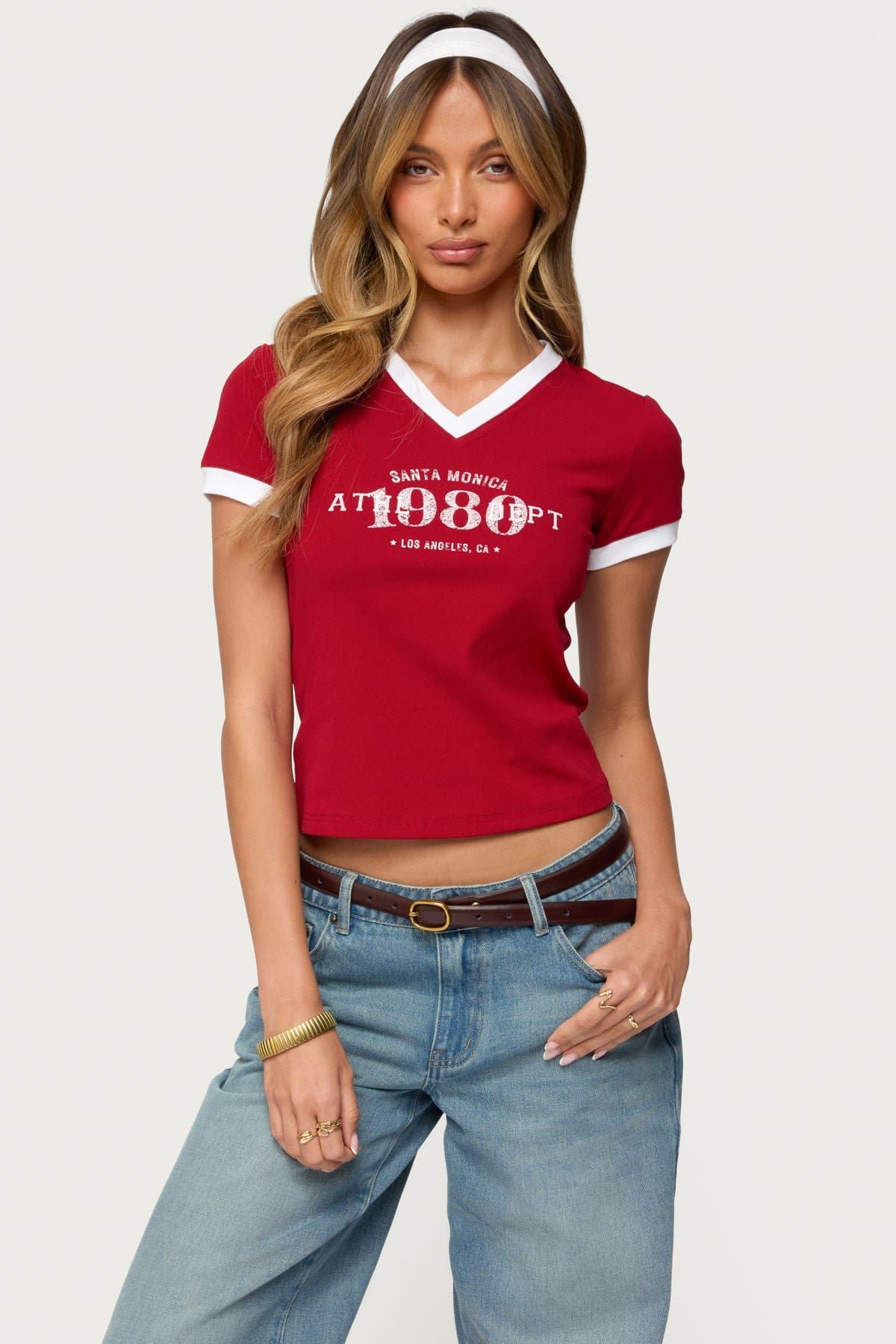 Santa Monica V-Neck T-Shirt with 1980 Los Angeles Graphic, Cotton-Spandex