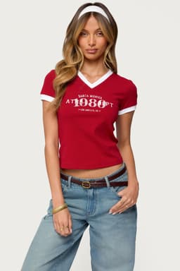 Santa Monica V-Neck T-Shirt with 1980 Los Angeles Graphic, Cotton-Spandex