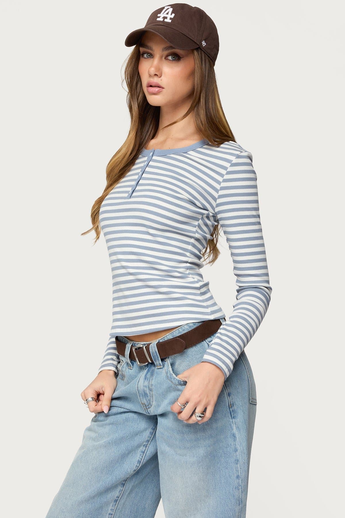 Roma Striped Henley Top - Long Sleeve Cotton Spandex with Contrast Trim