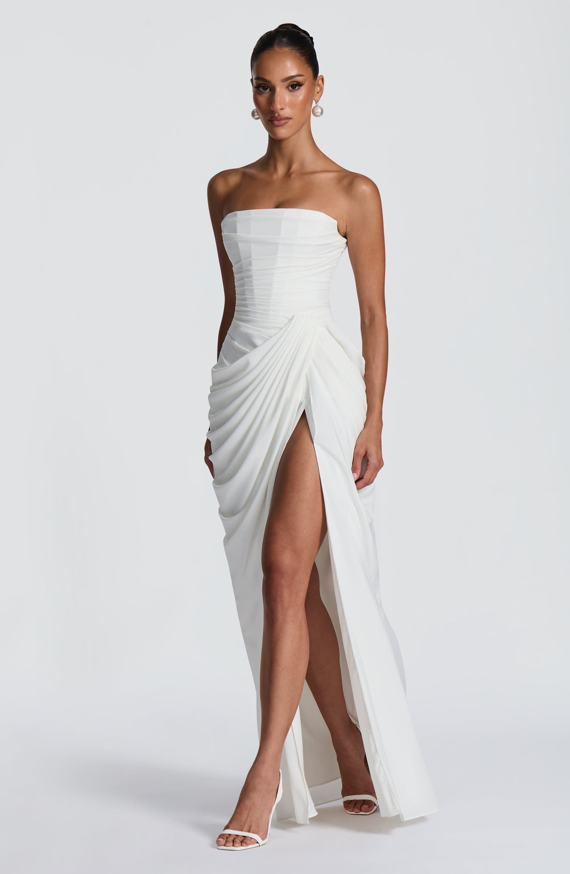 Cyra Maxi Dress in Ivory Chiffon with Strapless Neckline and Thigh-High Split