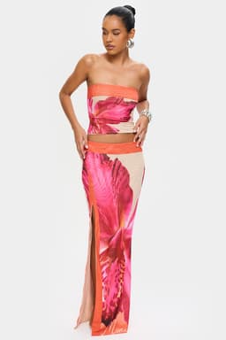 Havana Maxi Skirt with Bandeau Neckline, Lace Up Back, Double Layer Mesh, In-House Print