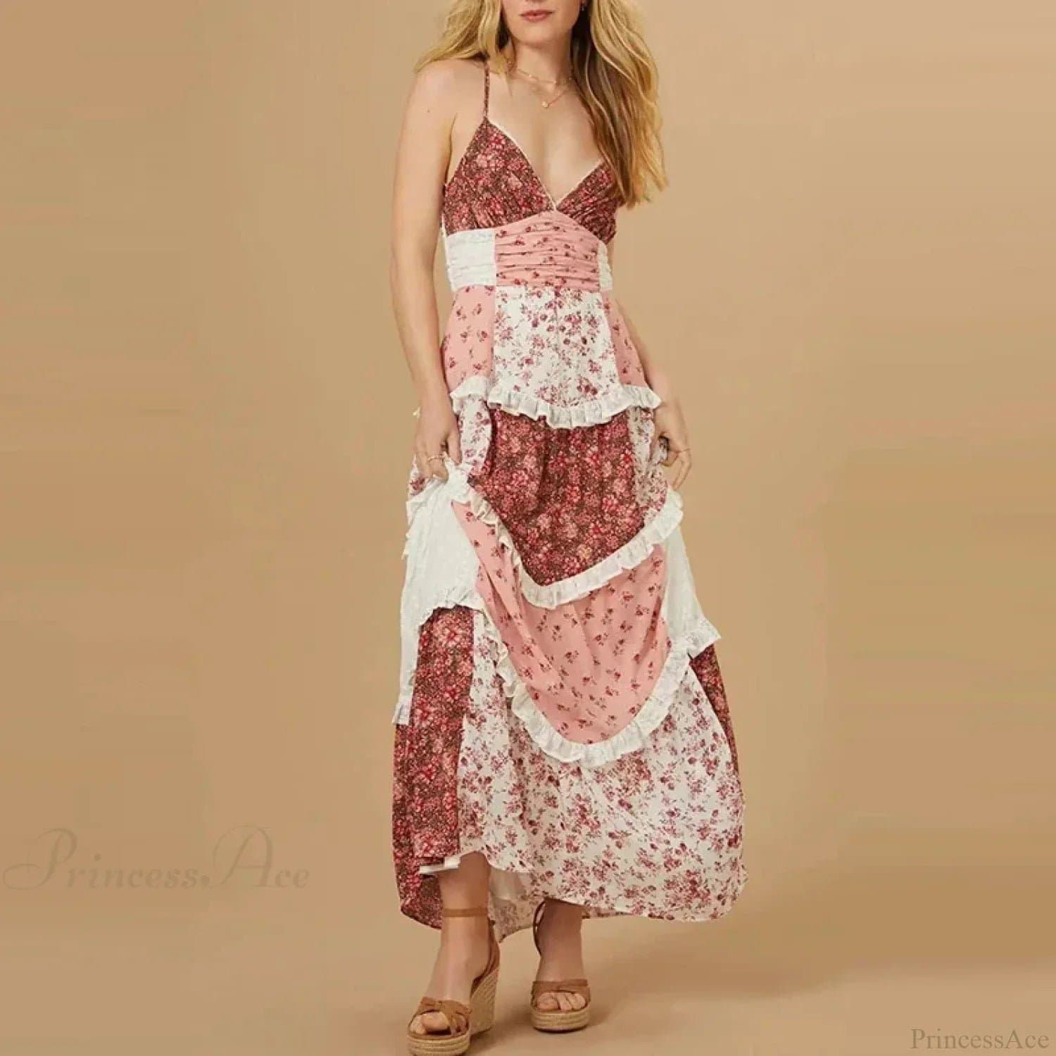 Off-Shoulder Pleated Floral A-Line Midi Dress - Polyester Sleeveless