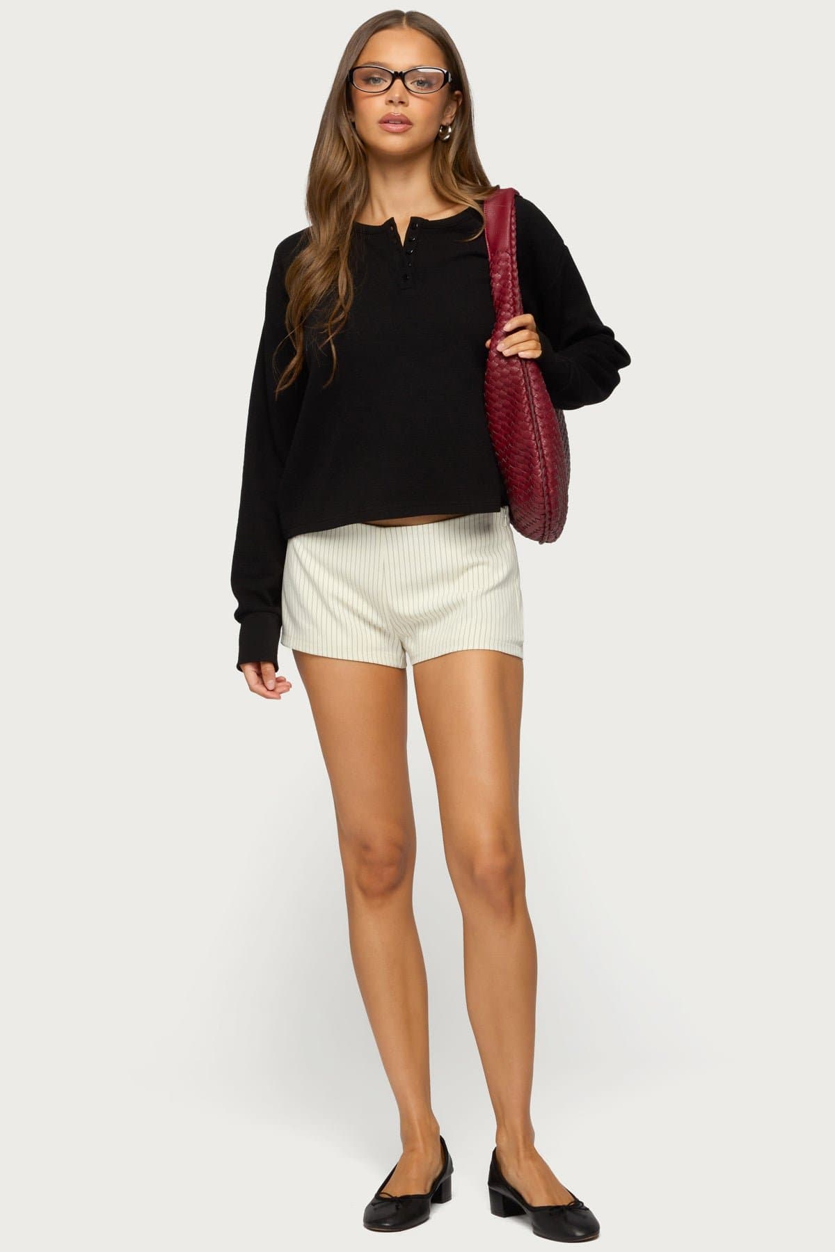 Deni Long Sleeve Henley Waffle Top - Polyester Cotton Spandex Blend