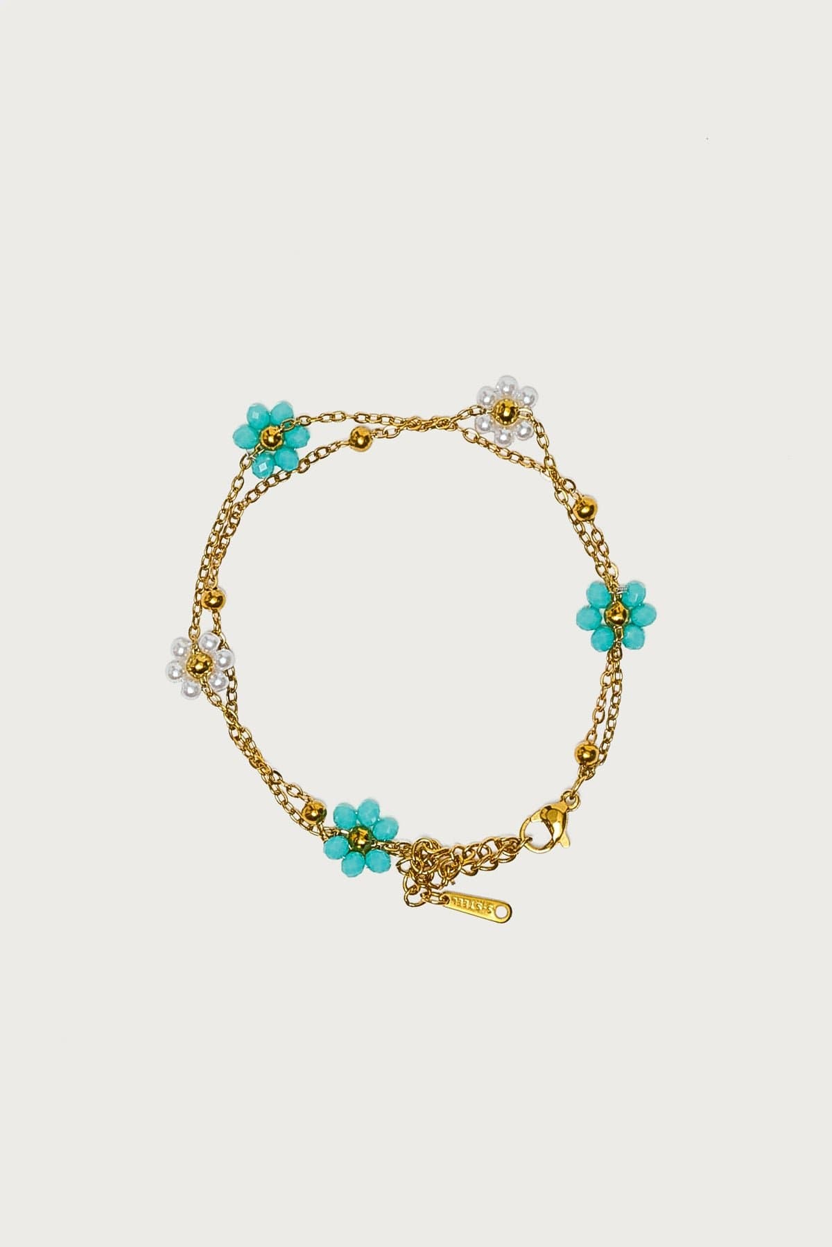Flower Bead Double Chain Bracelet Gold Tone Metal 6.3 Inch Length
