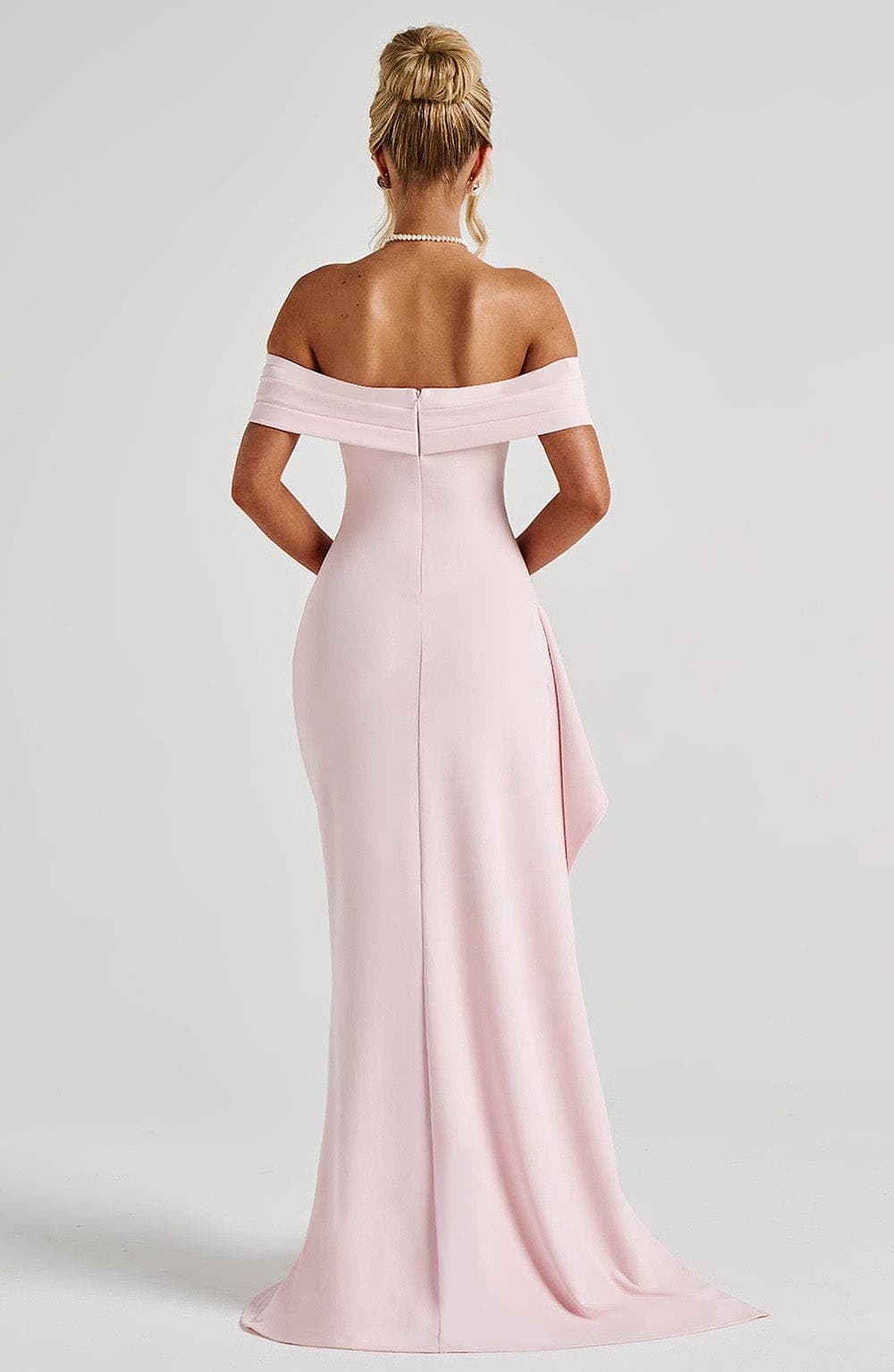 Joyce Maxi Dress Blush Pink Stretch Crepe Pleated Bardot Neckline Thigh Split