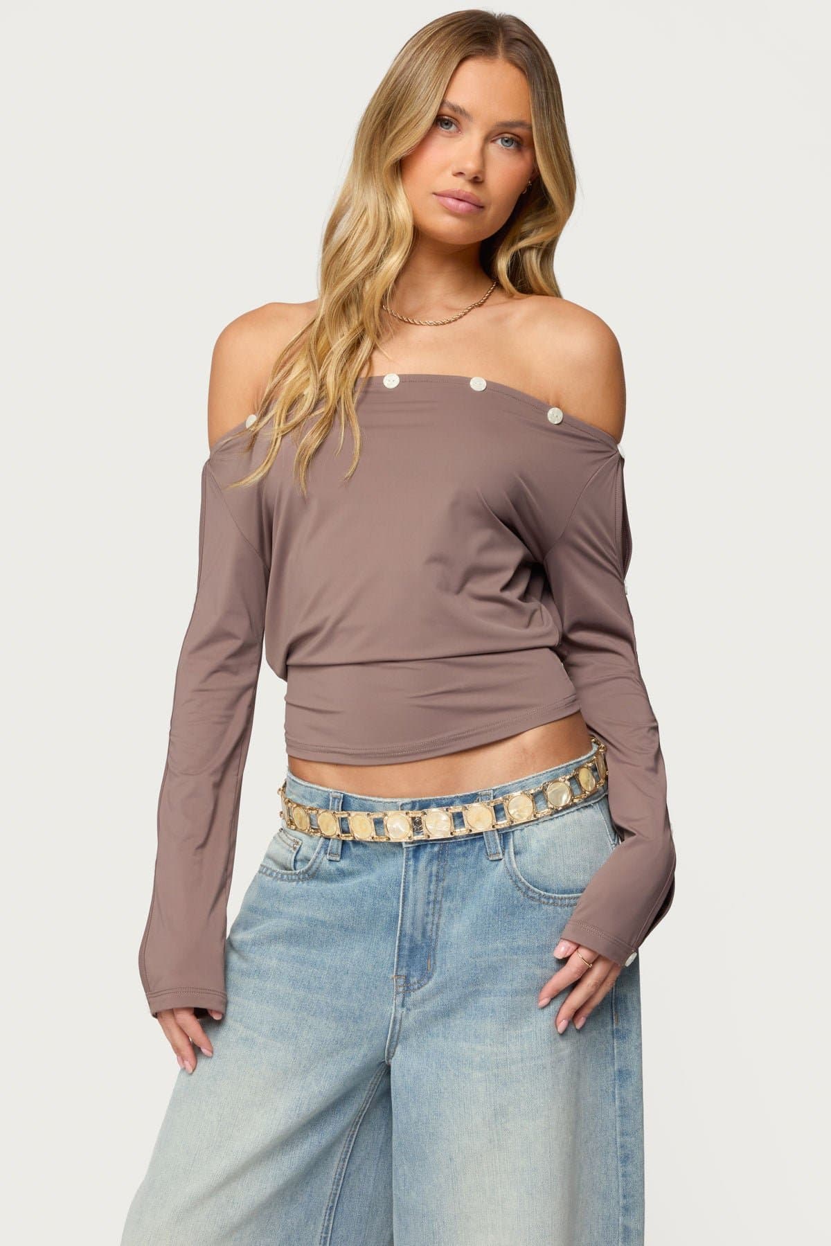 Ronee Off Shoulder Long Sleeve Button Cutout Top with Cinched Waist Nylon Spandex