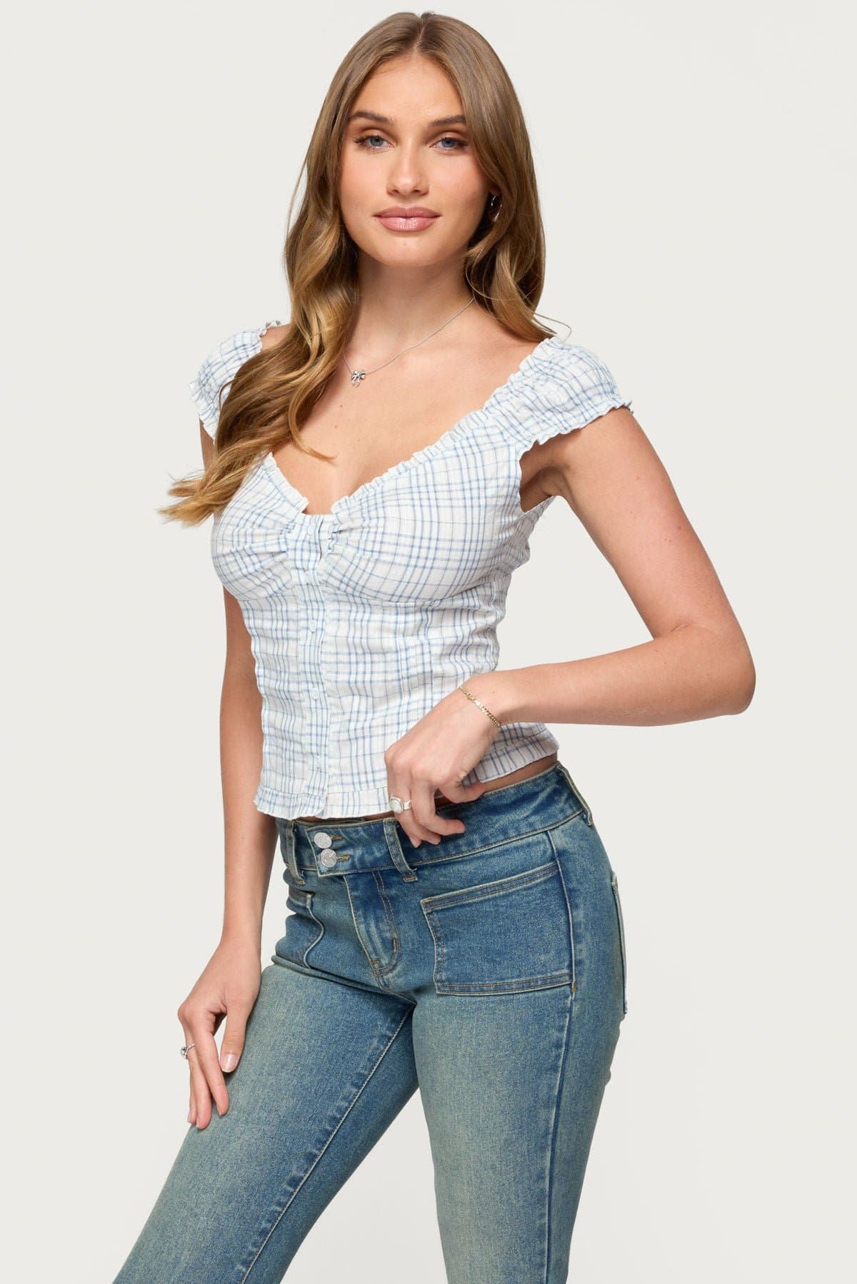 Dolsy Plaid Button Up Top - Wide V Neck, Short Puff Sleeves, Cotton Polyester