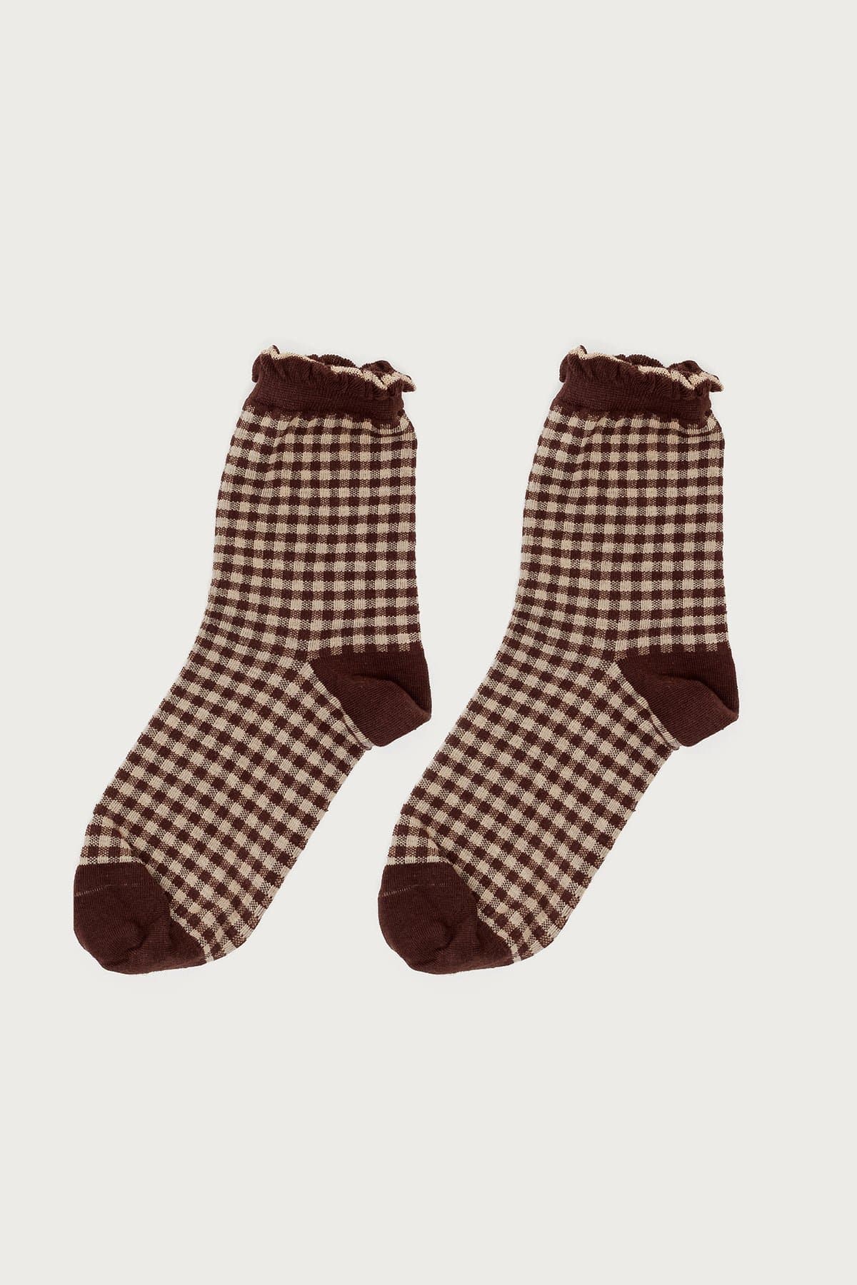 Frilled Gingham Socks - Cotton Polyester Spandex Blend, 10.2 Inch Length