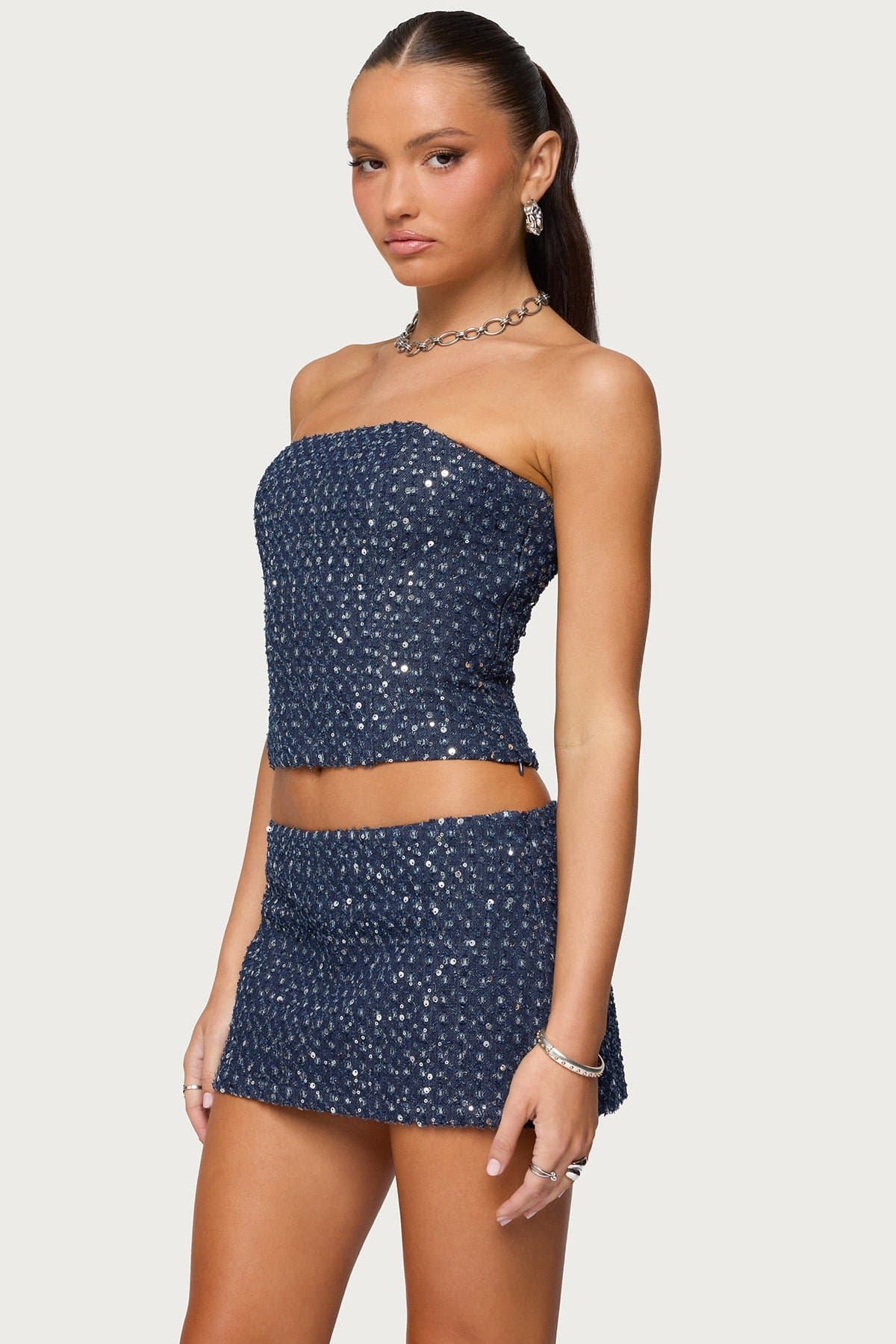 Sora Sequin Distressed Denim Corset - Boned Strapless Top with Lace Up Back