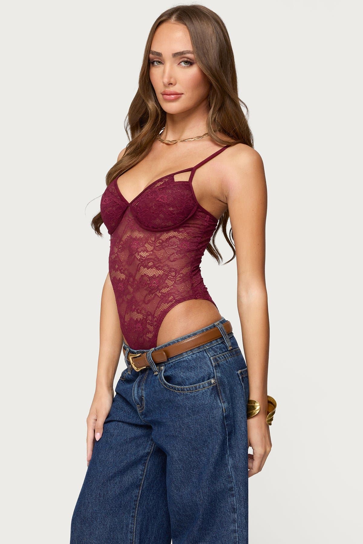 Strappy Sheer Lace Bodysuit with Adjustable Straps, Cupped Bust, Polyester Spandex