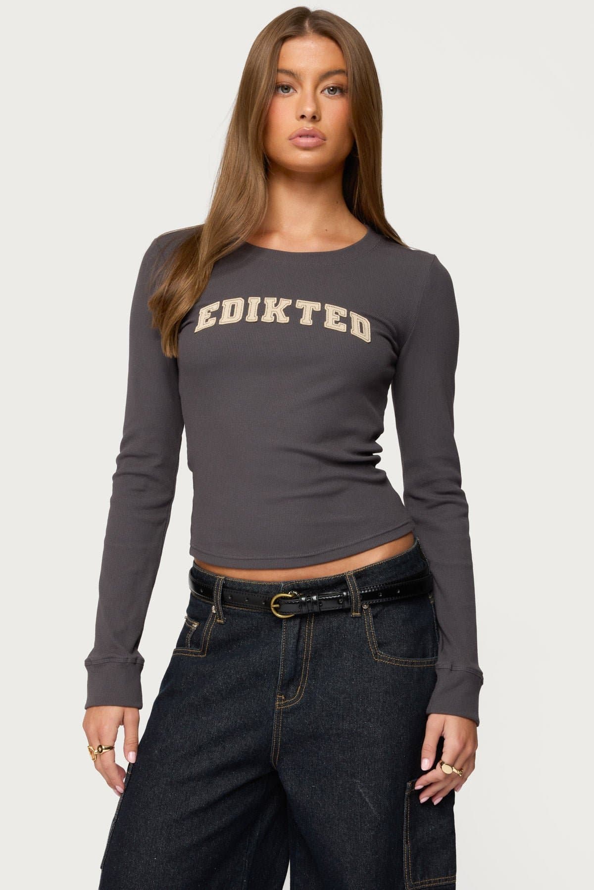 Edikted Essential Ribbed Long Sleeve T-Shirt with Graphic Text Patch