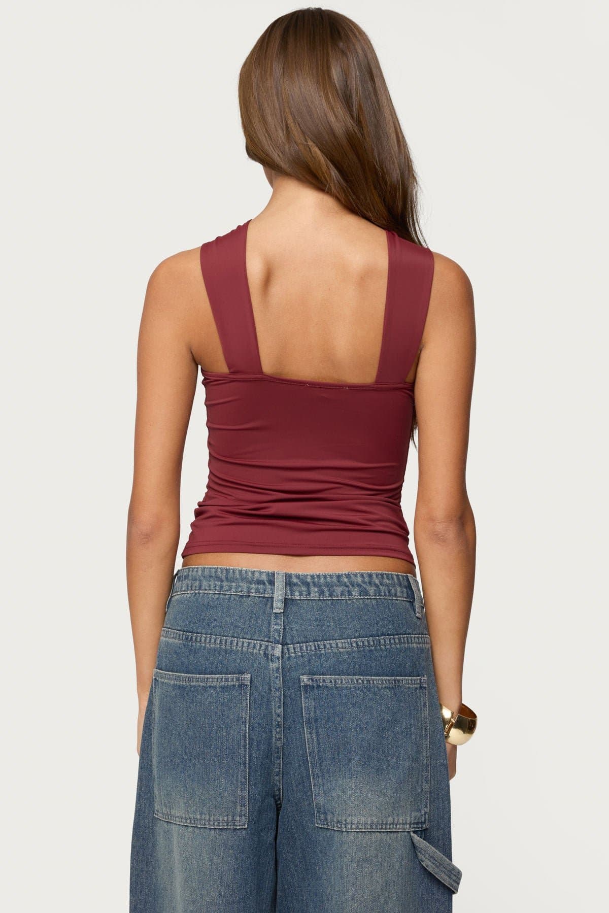 Cielle Wide Strap Gathered Top - Nylon Spandex with Gold Tone Metal Detail