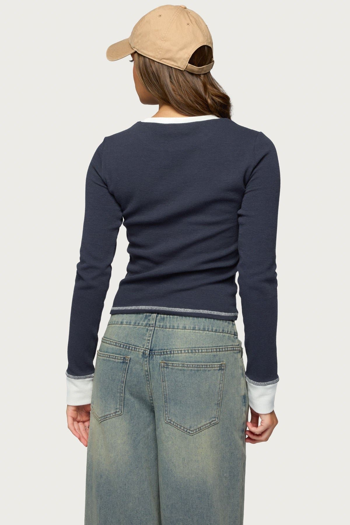 Rora Contrast Long Sleeve Waffle Top - Cotton Polyester Spandex Blend