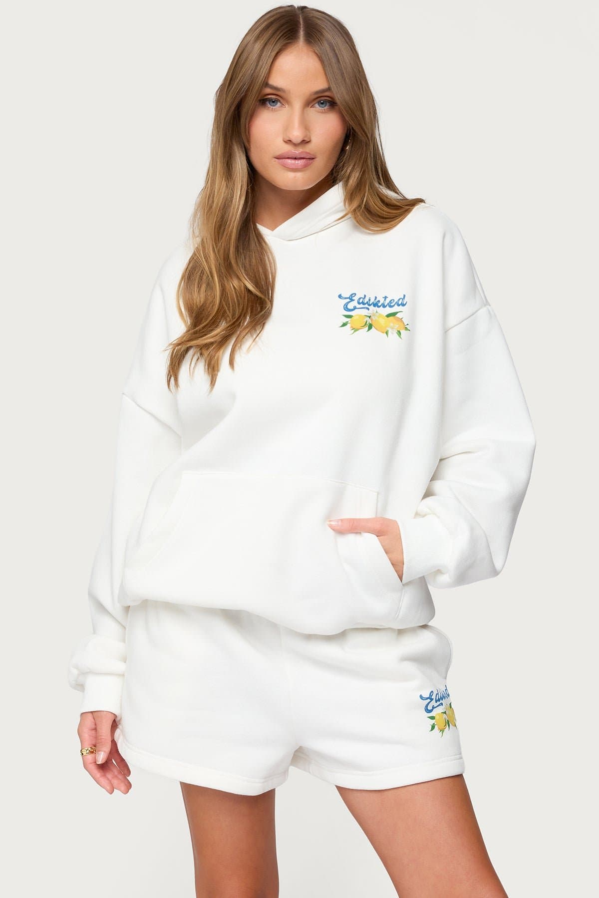 Squeeze The Day Graphic Hoodie - Lemon Print, Polyester Cotton Blend, Edikted Matching Set