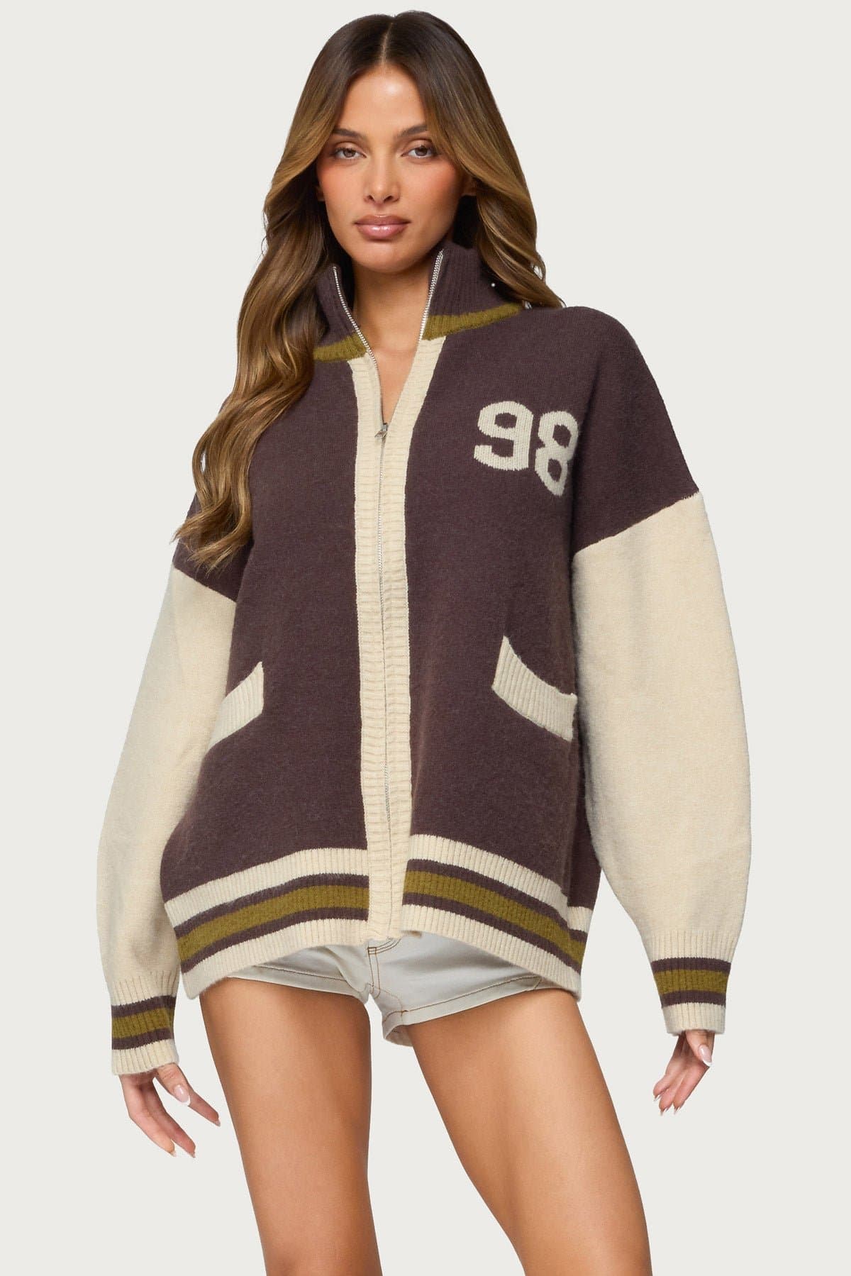 98 Varsity Zip Up Sweater - High Neck Knit Acrylic Polyester Nylon