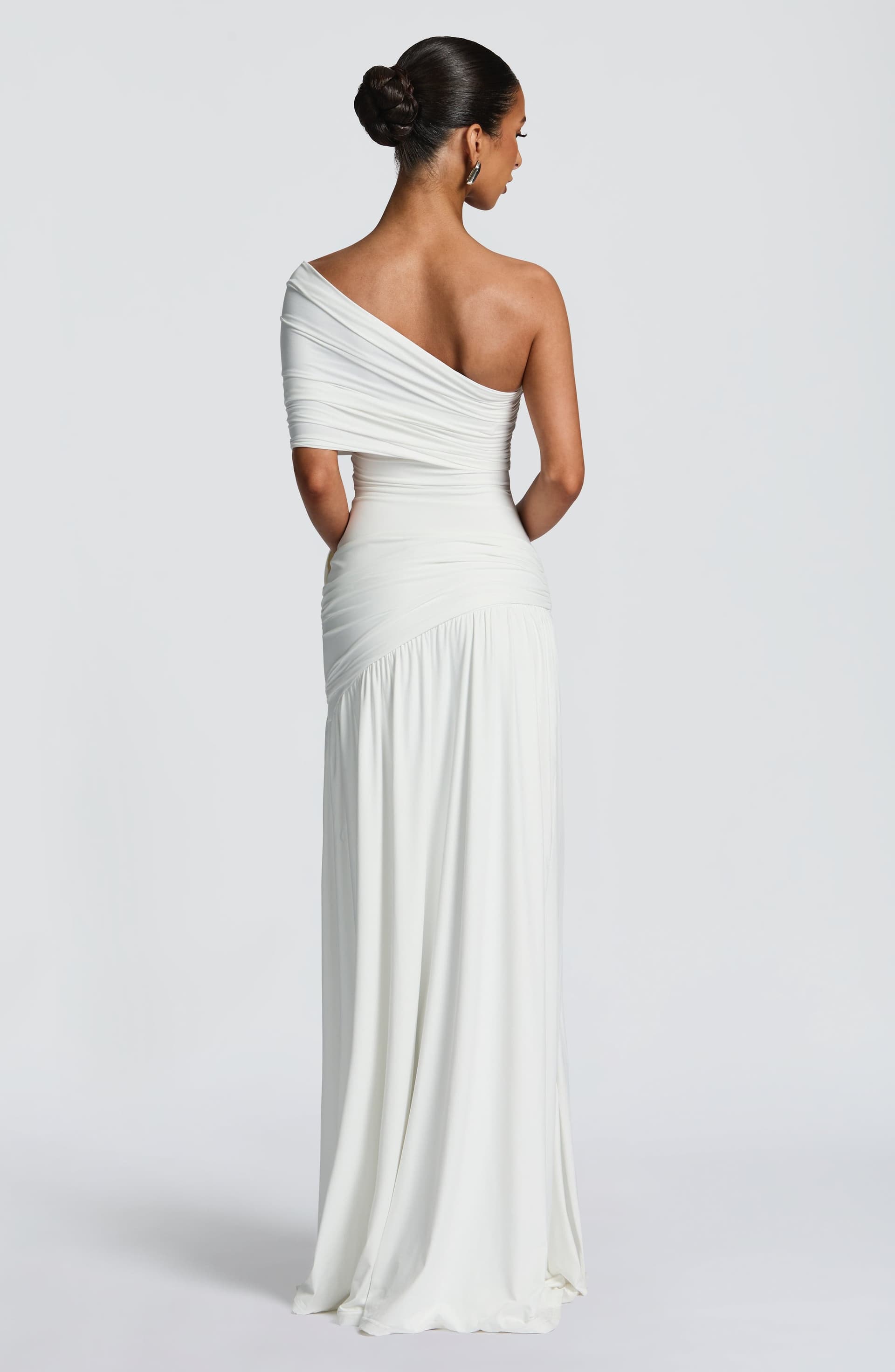 Monica Maxi Dress - White One Shoulder Bardot Neckline with Thigh High Split