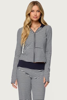 Meggy Striped Zip Up Hoodie - Cotton Spandex Blend