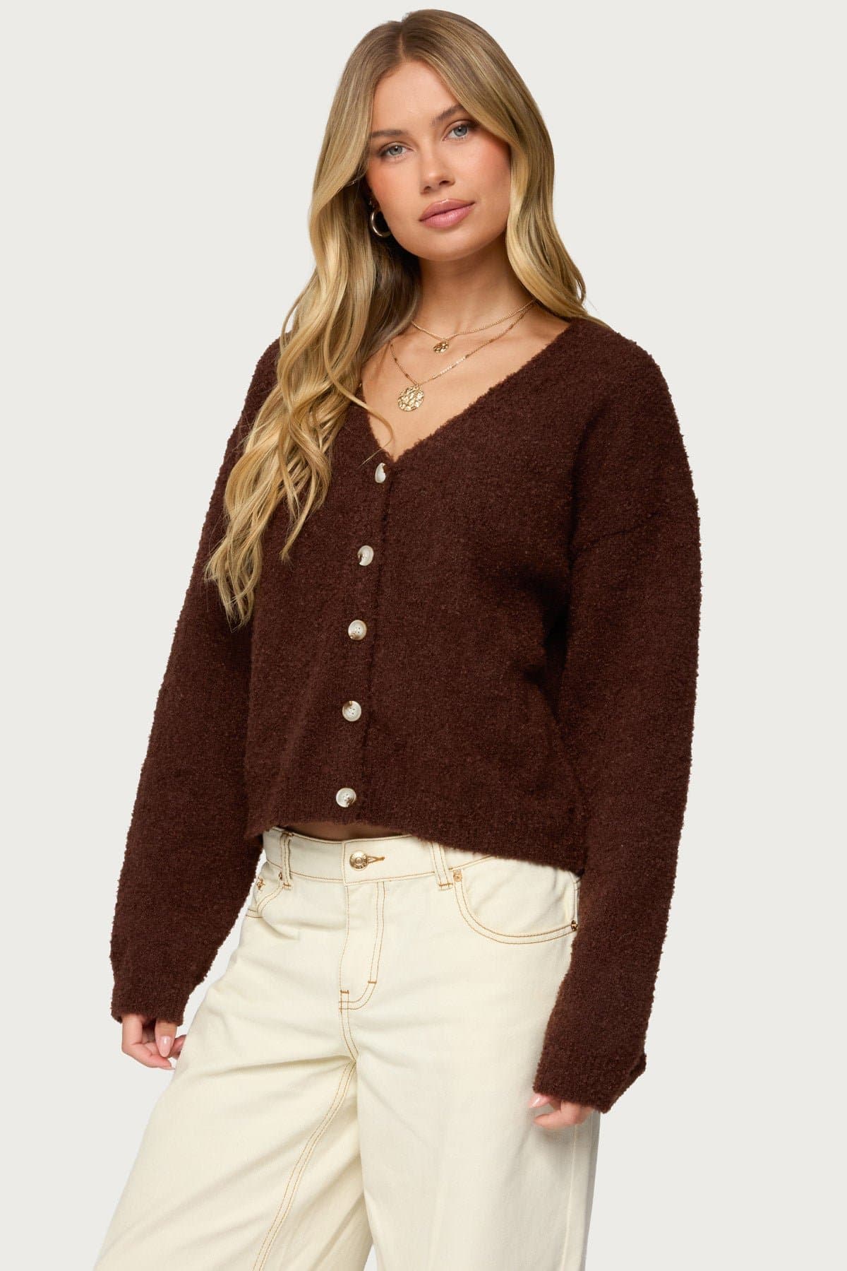 Jade Knitted Cardigan - Long Sleeve Textured Knit Polyester Nylon Button Front