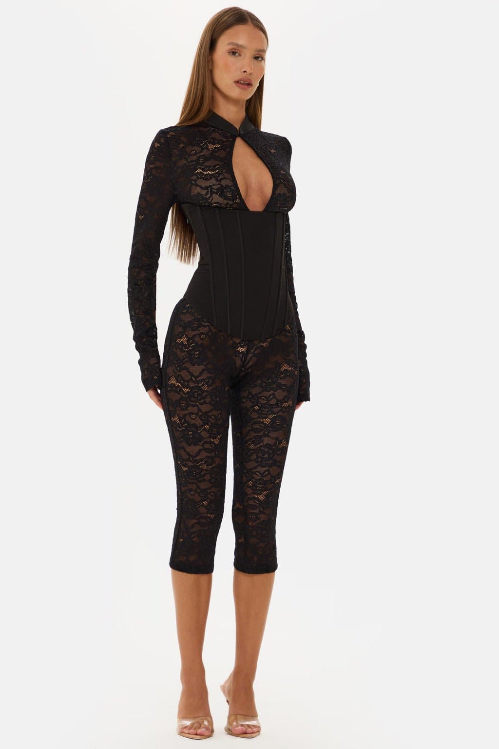 Jagger Long Sleeve Lace Capri Jumpsuit with High Neck and Corset Boning