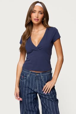 Merinda V-Neck Short Sleeve T-Shirt - Cotton Spandex Blend