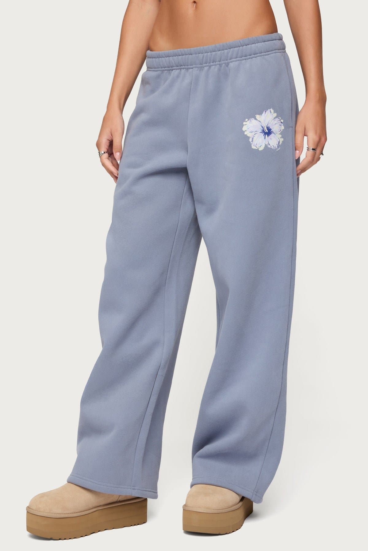 Tropical Bloom Sweatpants - Hibiscus Print Straight Leg Polyester Cotton Elastic Waistband