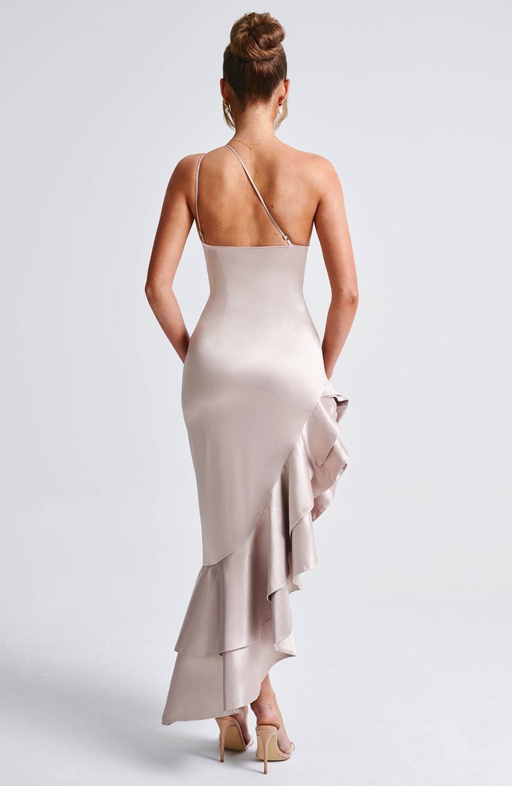 Esmeraya Champagne Maxi Dress - Stretch Satin One Shoulder Gown